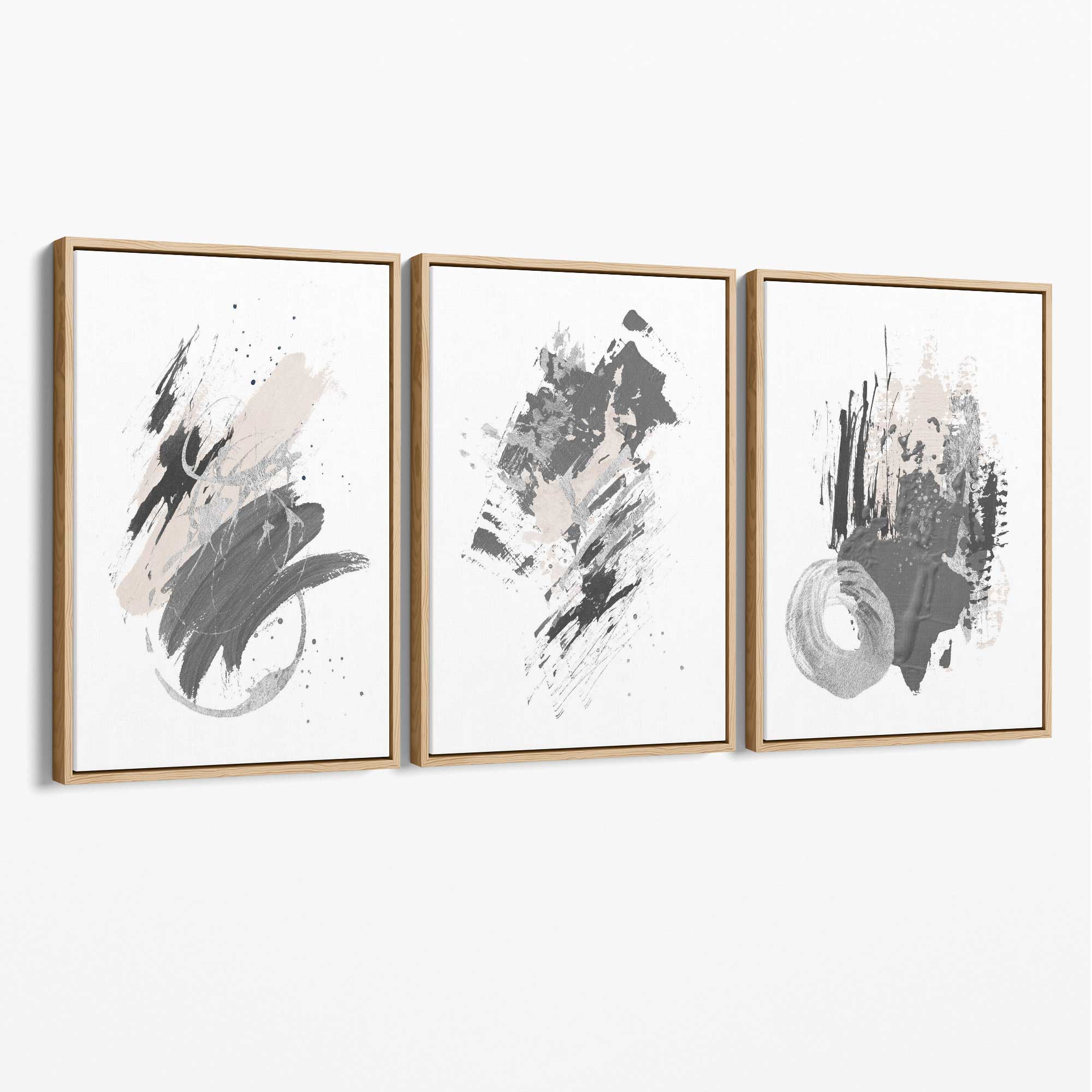 Grey and Silver Abstract Oil Shapes Set of 3 Canvas Art Prints with Oak Float Frame