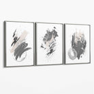 Grey and Silver Abstract Oil Shapes Set of 3 Canvas Art Prints with Silver Float Frame