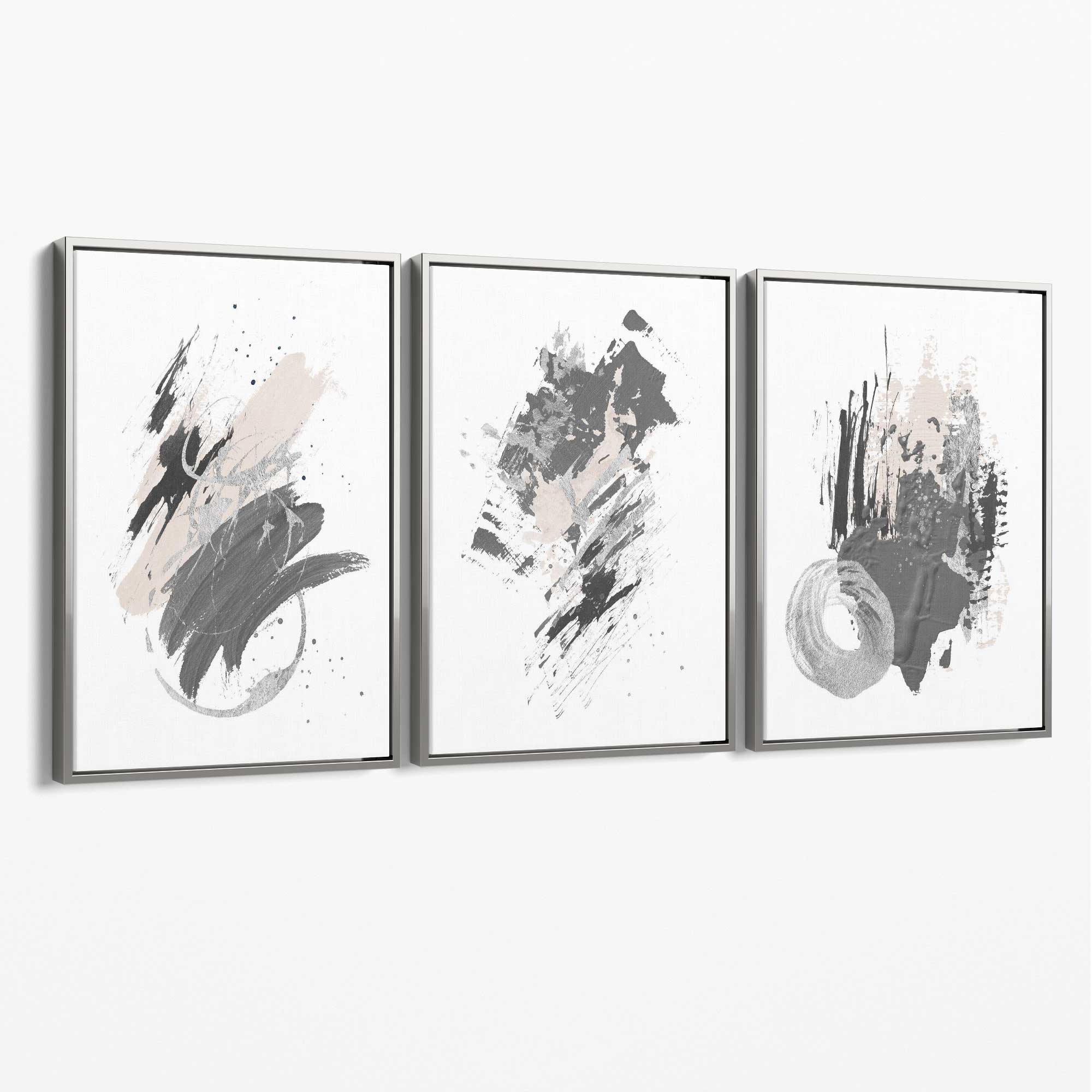 Grey and Silver Abstract Oil Shapes Set of 3 Canvas Art Prints with Silver Float Frame