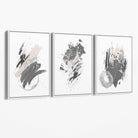 Grey and Silver Abstract Oil Shapes Set of 3 Canvas Art Prints with White Float Frame