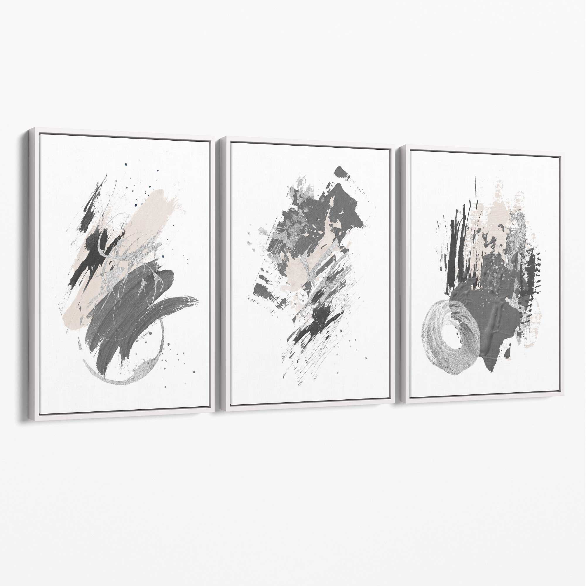 Grey and Silver Abstract Oil Shapes Set of 3 Canvas Art Prints with White Float Frame
