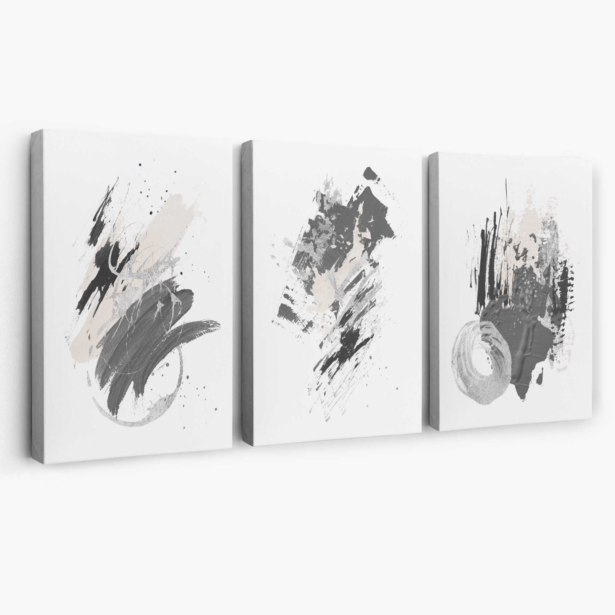 Grey and Silver Abstract Oil Shapes Set of 3 Canvas Art Prints | Artze Wall Art