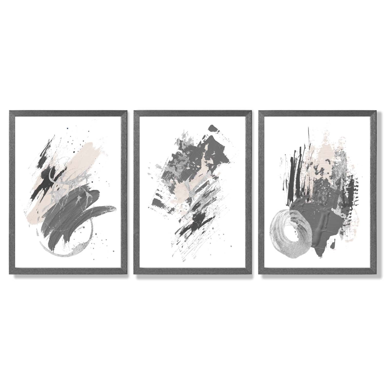Grey and Silver Abstract Oil Shapes Set of 3 Framed Art Prints with Dark Grey Wooden Frames