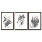 Grey and Silver Abstract Oil Shapes Set of 3 Framed Art Prints with Dark Wood Frames