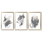 Grey and Silver Abstract Oil Shapes Set of 3 Framed Art Prints with Gold Wood Frames