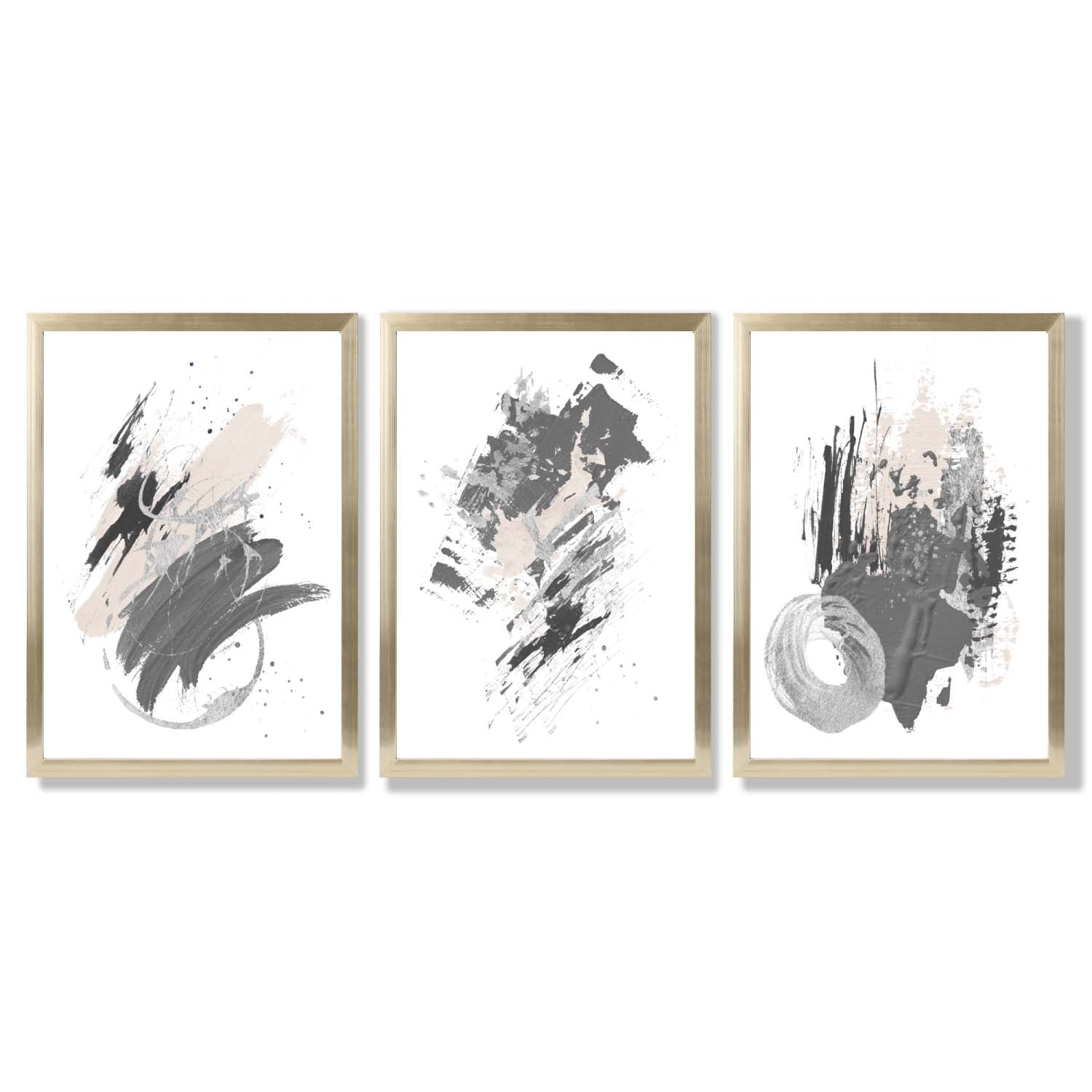 Grey and Silver Abstract Oil Shapes Set of 3 Framed Art Prints with Gold Wood Frames