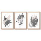 Grey and Silver Abstract Oil Shapes Set of 3 Framed Art Prints with Light Oak Frames
