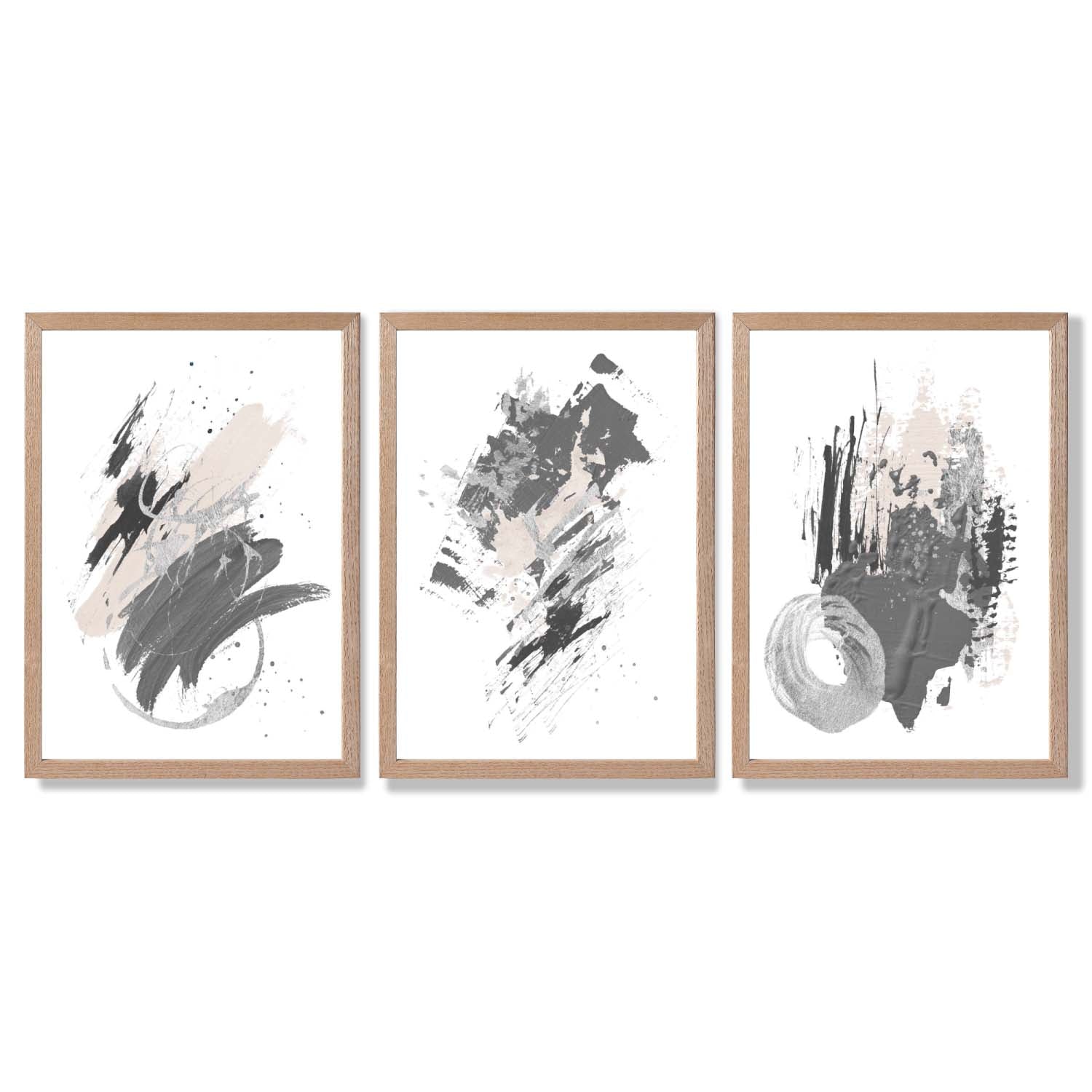 Grey and Silver Abstract Oil Shapes Set of 3 Framed Art Prints with Light Oak Frames