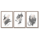 Grey and Silver Abstract Oil Shapes Set of 3 Framed Art Prints with Light Walnut Frames