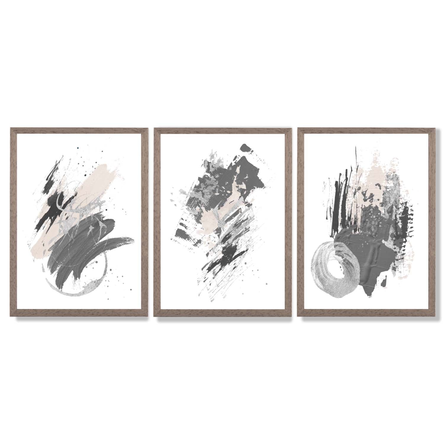 Grey and Silver Abstract Oil Shapes Set of 3 Framed Art Prints with Light Walnut Frames