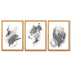 Grey and Silver Abstract Oil Shapes Set of 3 Framed Art Prints with Oak Wooden Frames