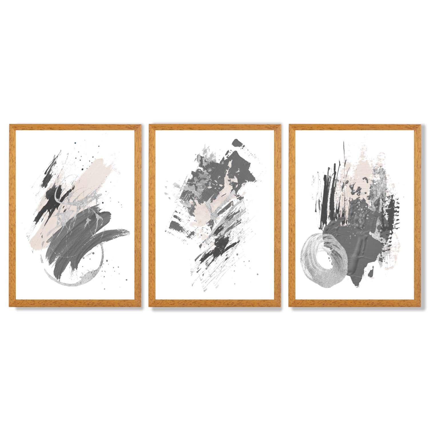 Grey and Silver Abstract Oil Shapes Set of 3 Framed Art Prints with Oak Wooden Frames
