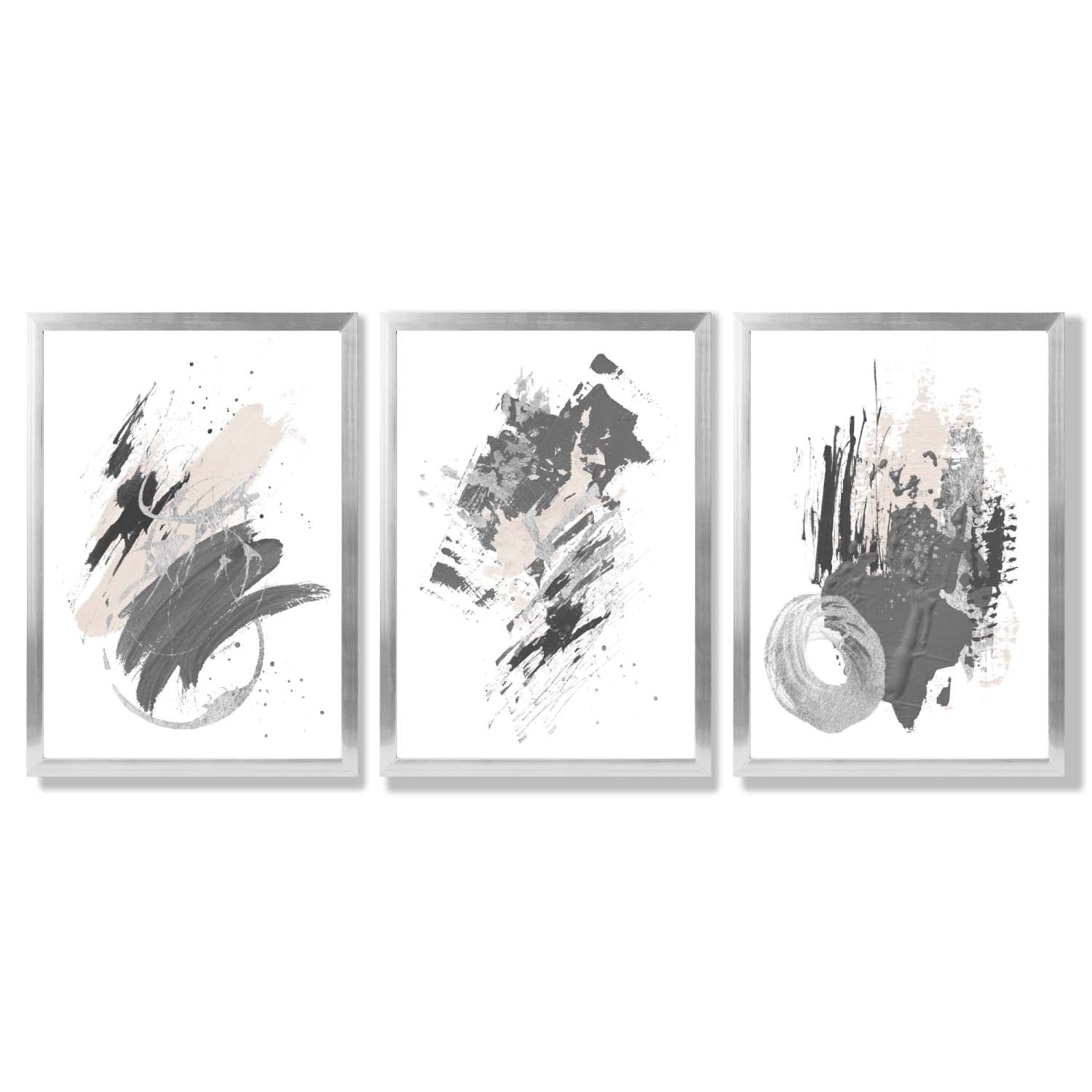 Grey and Silver Abstract Oil Shapes Set of 3 Framed Art Prints with Silver Wood Frames