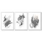 Grey and Silver Abstract Oil Shapes Set of 3 Framed Art Prints with White Wooden Frames