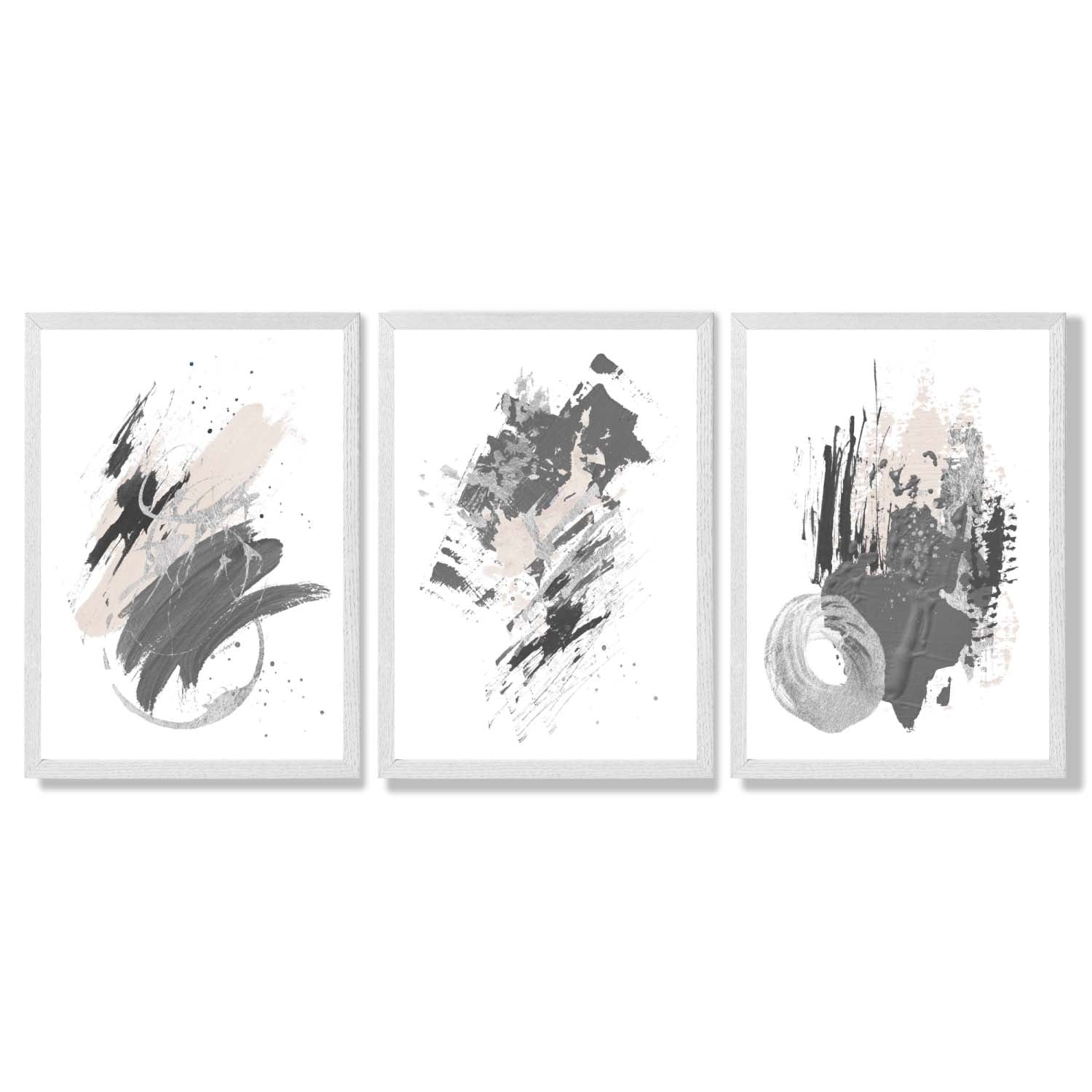 Grey and Silver Abstract Oil Shapes Set of 3 Framed Art Prints with White Wooden Frames