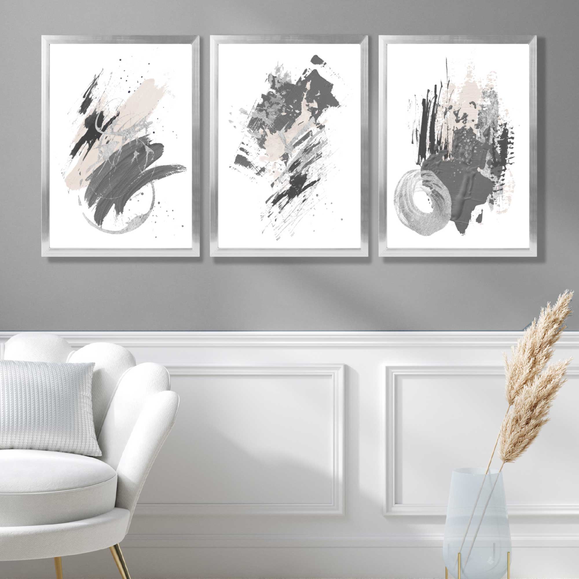 Grey and Silver Abstract Oil Shapes Set of 3 Art Prints in Luxury Frames | Artze UK