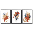 Navy and Orange Abstract Oil Shapes Set of 3 Framed Art Prints with Black Wooden Frames