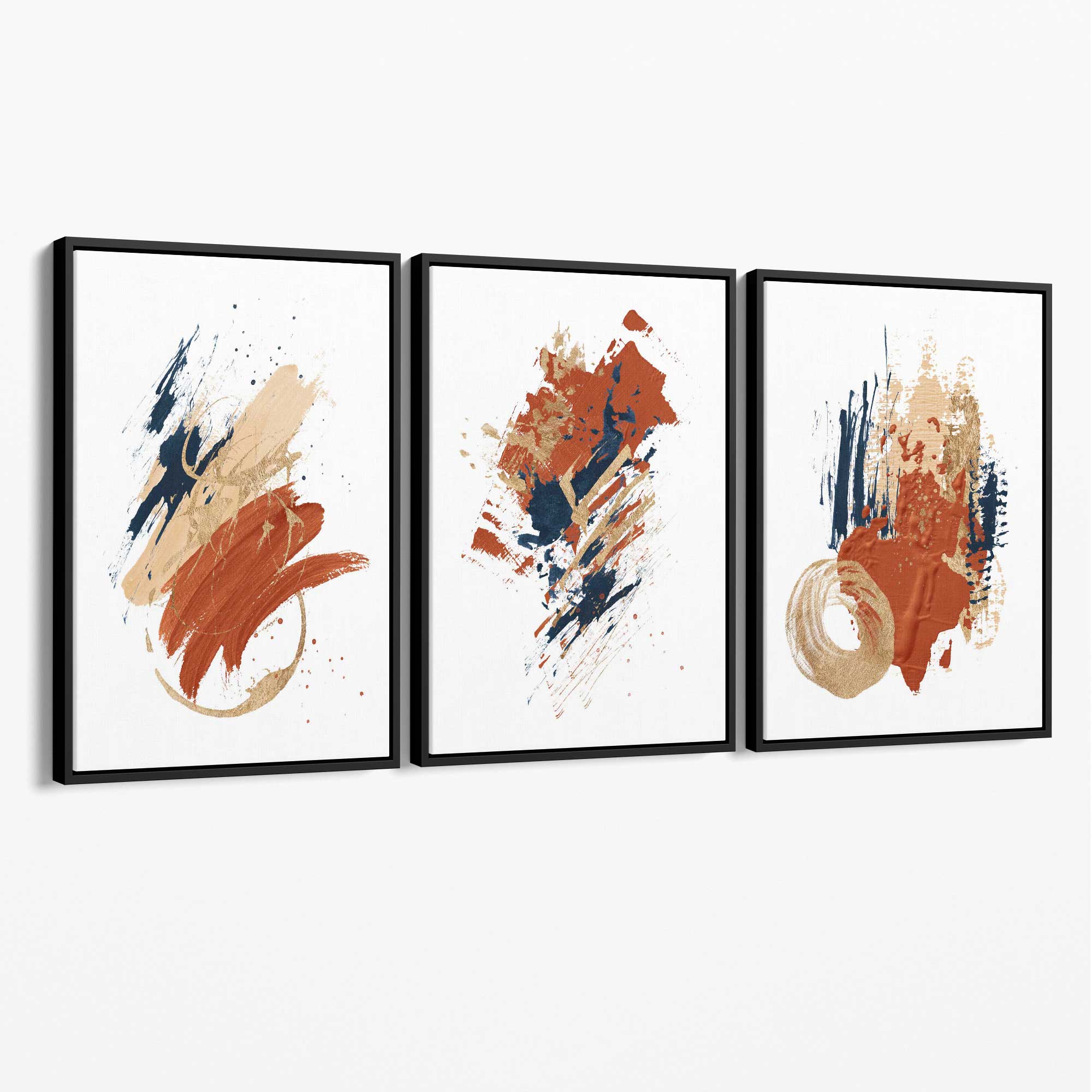 Navy and Orange Abstract Oil Shapes Set of 3 Canvas Art Prints with Black Float Frame