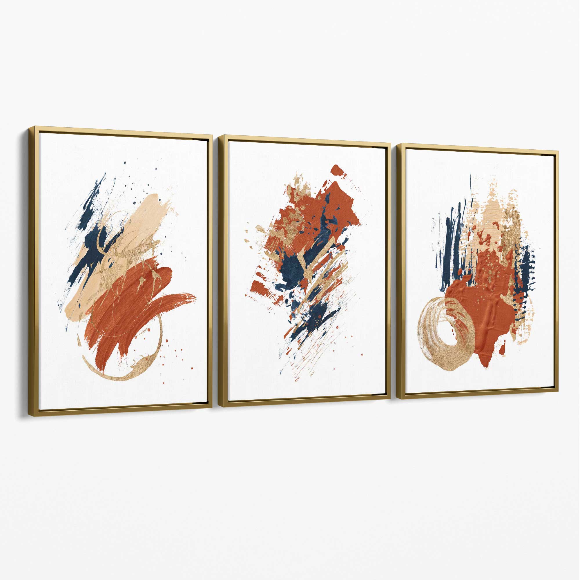 Navy and Orange Abstract Oil Shapes Set of 3 Canvas Art Prints with Gold Float Frame