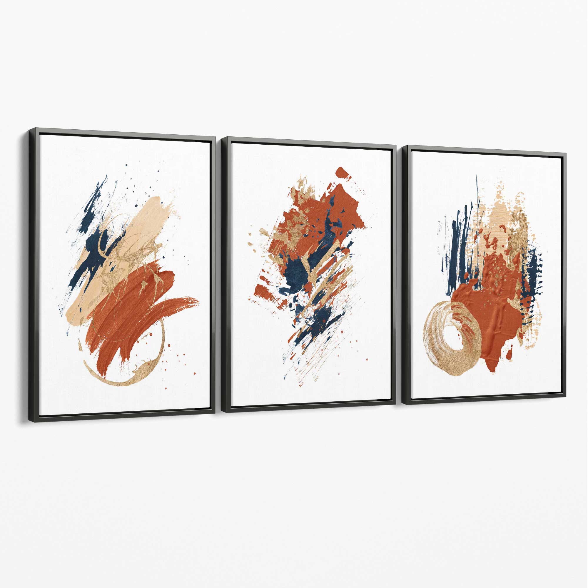 Navy and Orange Abstract Oil Shapes Set of 3 Canvas Art Prints with Grey Float Frame