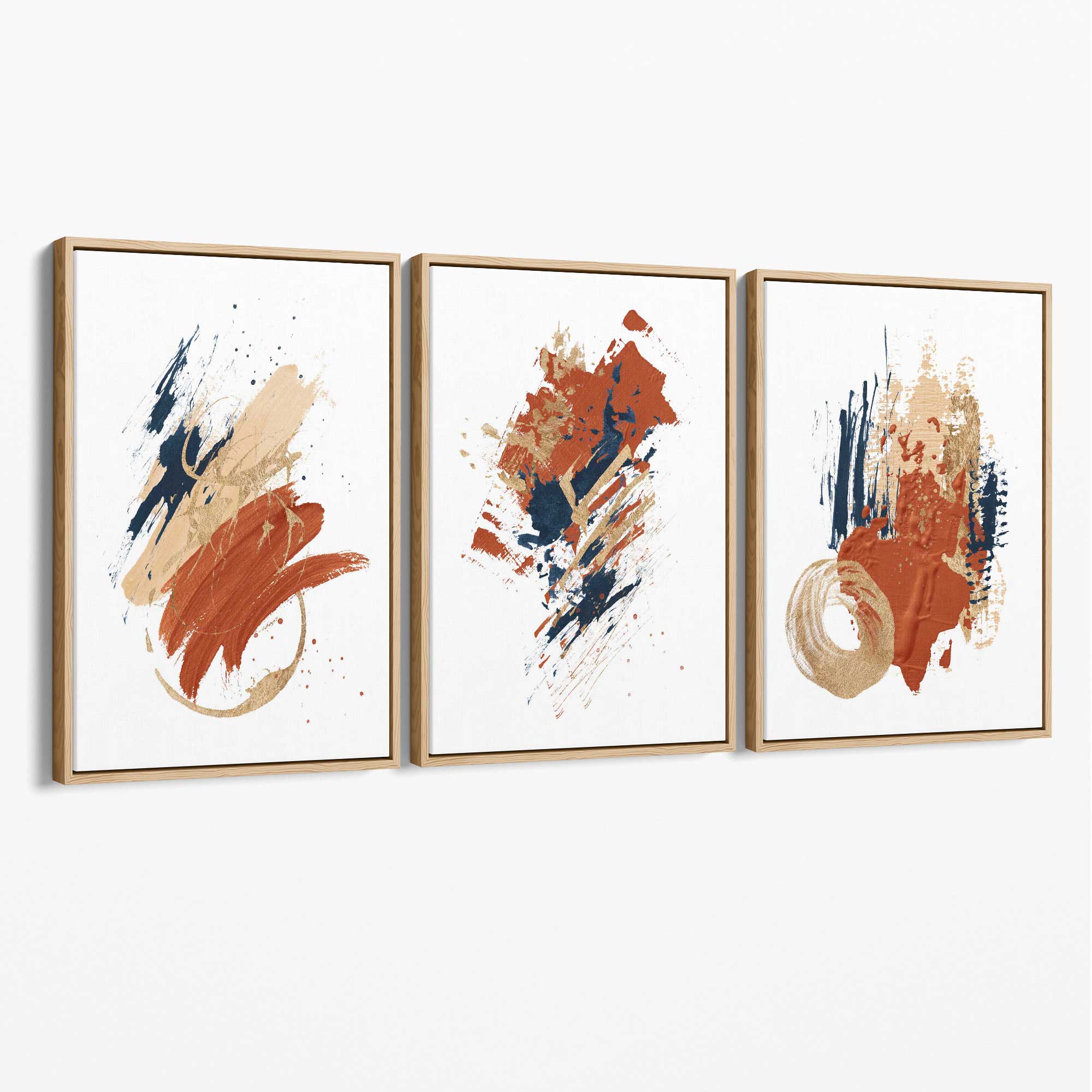 Navy and Orange Abstract Oil Shapes Set of 3 Canvas Art Prints with Oak Float Frame