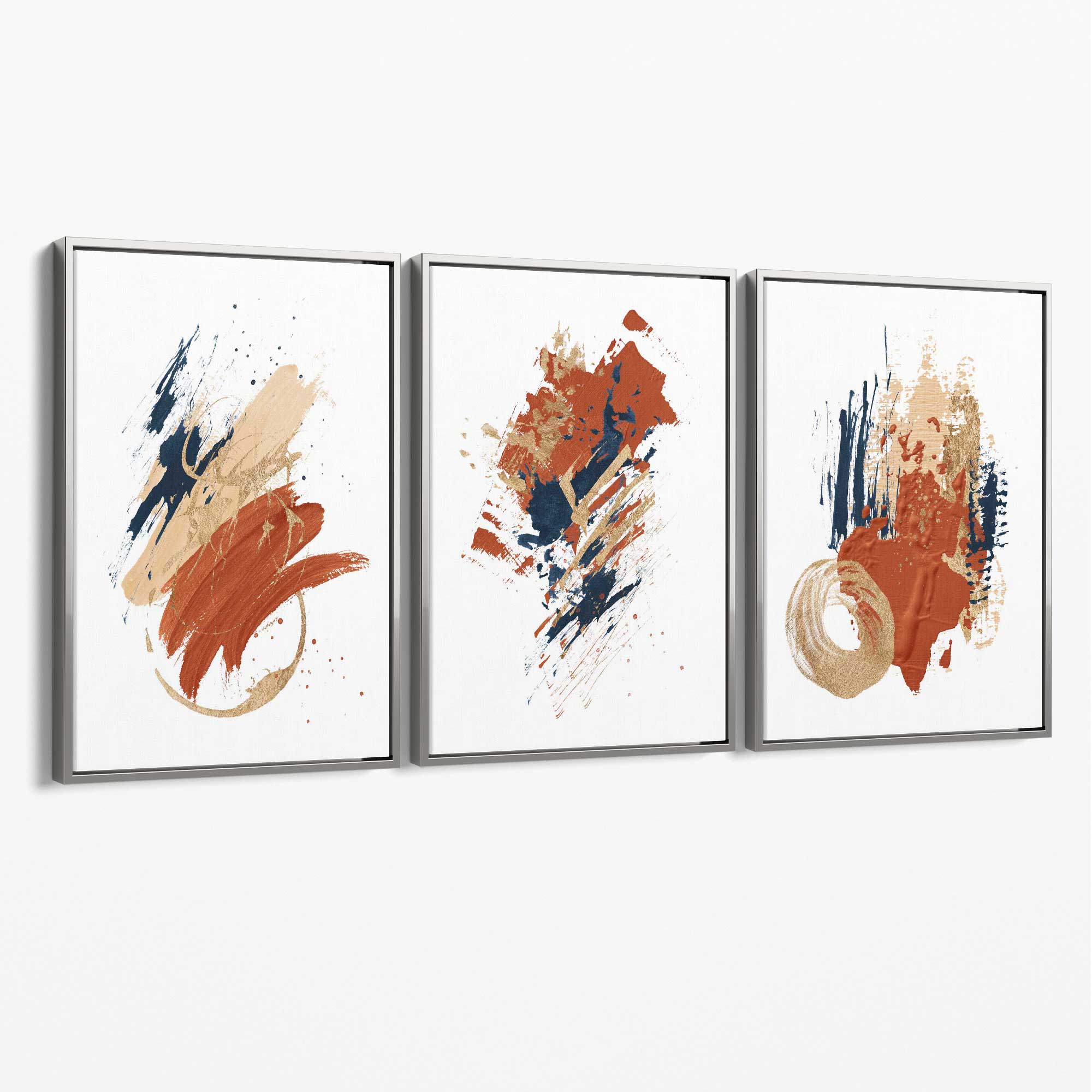 Navy and Orange Abstract Oil Shapes Set of 3 Canvas Art Prints with Silver Float Frame
