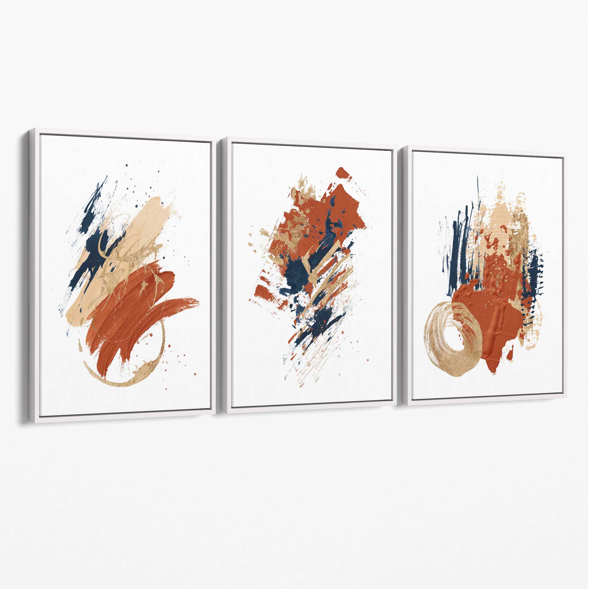 Navy and Orange Abstract Oil Shapes Set of 3 Canvas Art Prints with White Float Frame