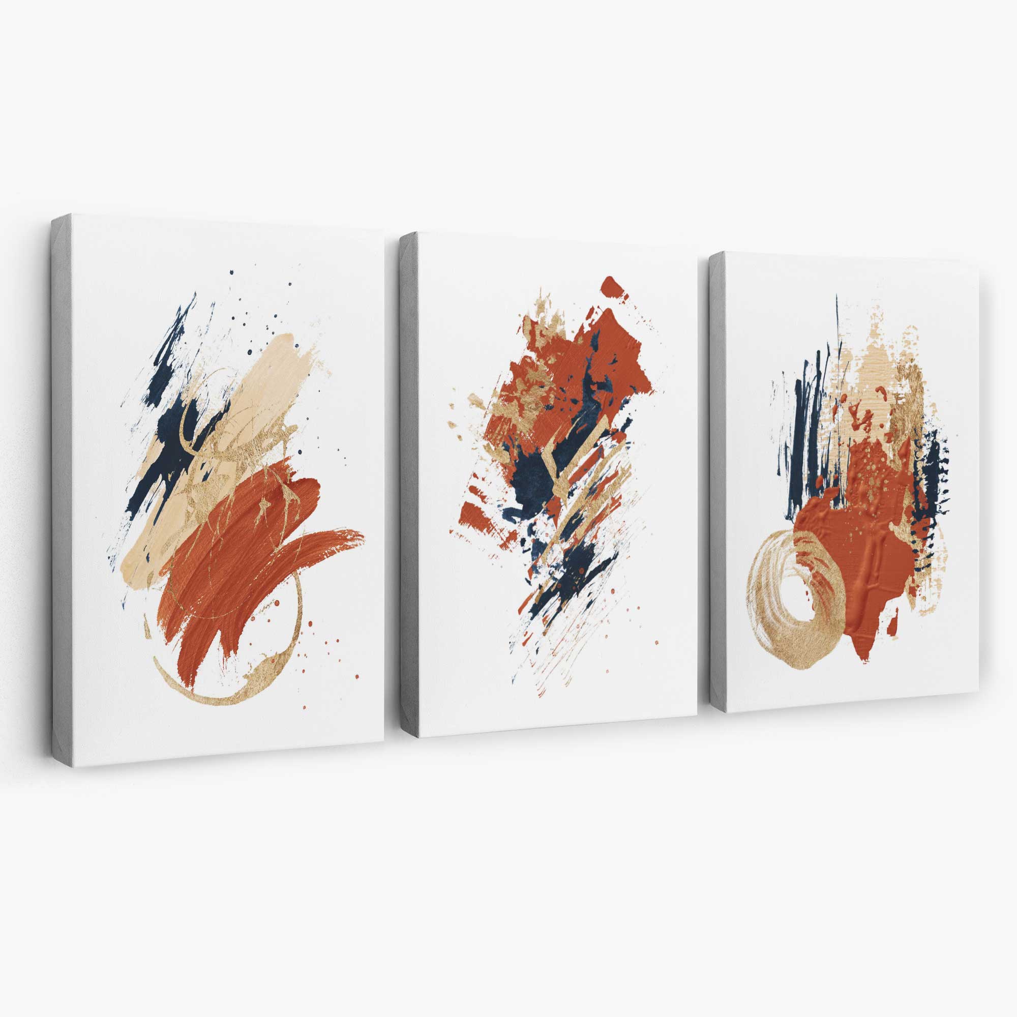 Navy and Orange Abstract Oil Shapes Set of 3 Canvas Art Prints | Artze Wall Art