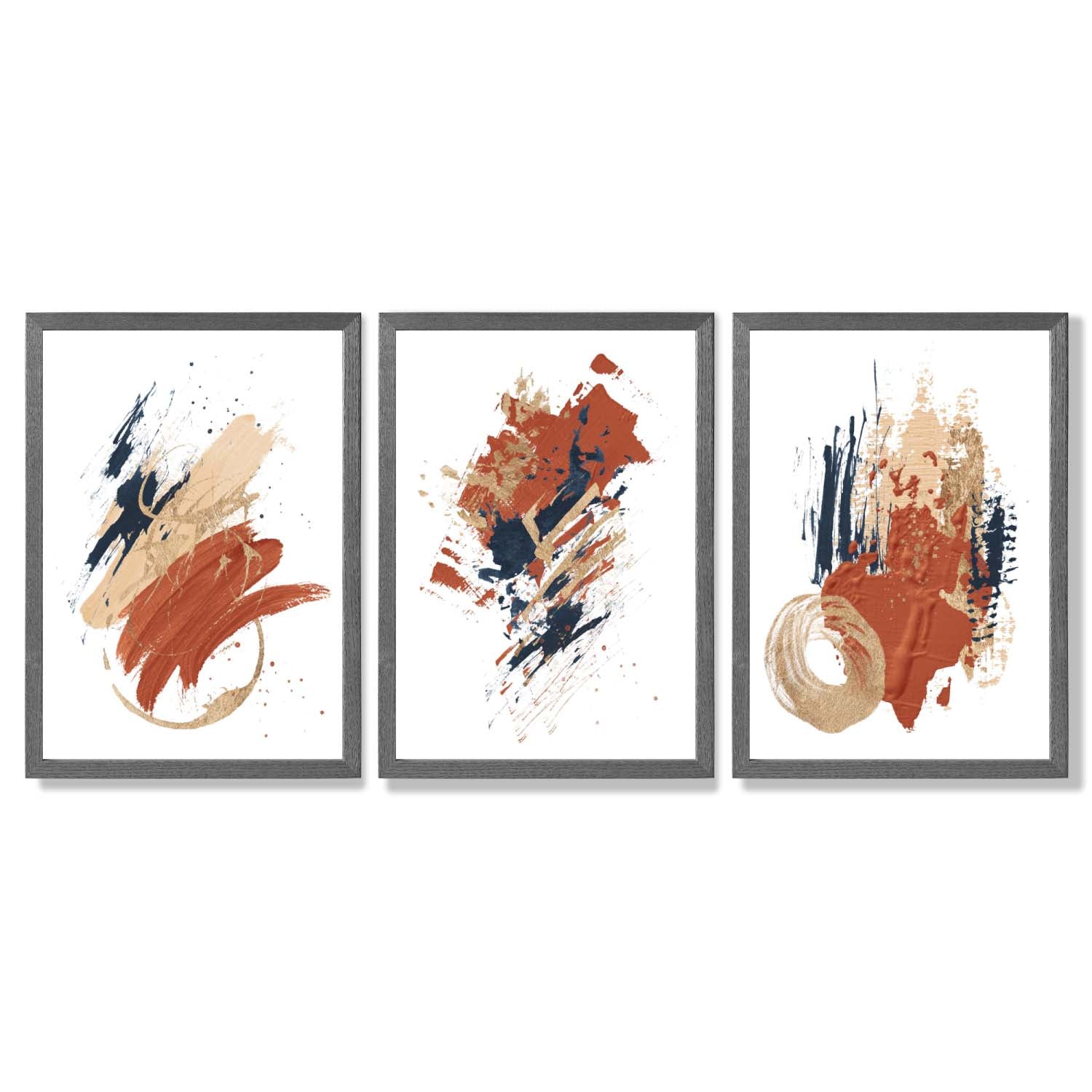 Navy and Orange Abstract Oil Shapes Set of 3 Framed Art Prints with Dark Grey Wooden Frames