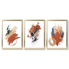 Navy and Orange Abstract Oil Shapes Set of 3 Framed Art Prints with Gold Wood Frames