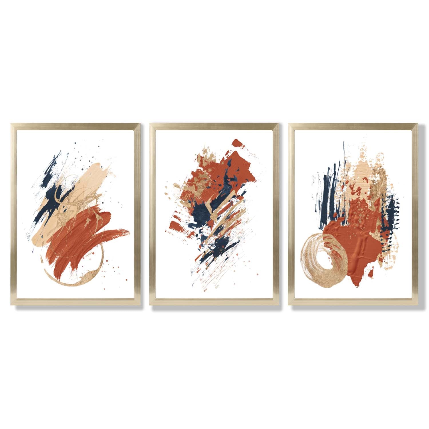 Navy and Orange Abstract Oil Shapes Set of 3 Framed Art Prints with Gold Wood Frames