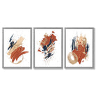 Navy and Orange Abstract Oil Shapes Set of 3 Framed Art Prints with Light Grey Wooden Frames