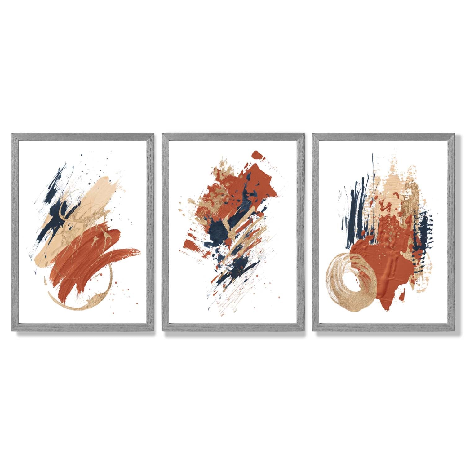 Navy and Orange Abstract Oil Shapes Set of 3 Framed Art Prints with Light Grey Wooden Frames