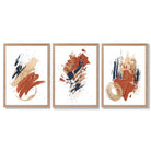 Navy and Orange Abstract Oil Shapes Set of 3 Framed Art Prints with Light Oak Frames