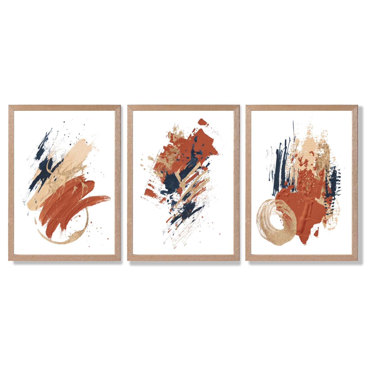 Navy and Orange Abstract Oil Shapes Set of 3 Framed Art Prints with Light Oak Frames