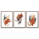 Navy and Orange Abstract Oil Shapes Set of 3 Framed Art Prints with Light Walnut Frames
