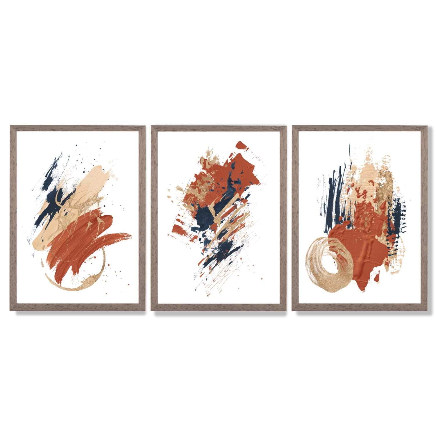 Navy and Orange Abstract Oil Shapes Set of 3 Framed Art Prints with Light Walnut Frames