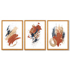 Navy and Orange Abstract Oil Shapes Set of 3 Framed Art Prints with Oak Wooden Frames