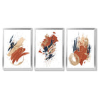 Navy and Orange Abstract Oil Shapes Set of 3 Framed Art Prints with Silver Wood Frames