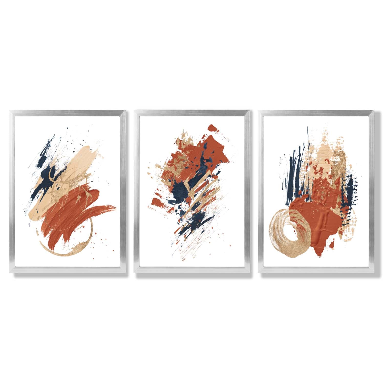 Navy and Orange Abstract Oil Shapes Set of 3 Framed Art Prints with Silver Wood Frames