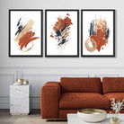 Navy and Orange Abstract Oil Shapes Set of 3 Art Prints in Black Frames | Artze UK