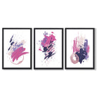 Pink and Purple Abstract Oil Shapes Set of 3 Framed Art Prints with Black Wooden Frames