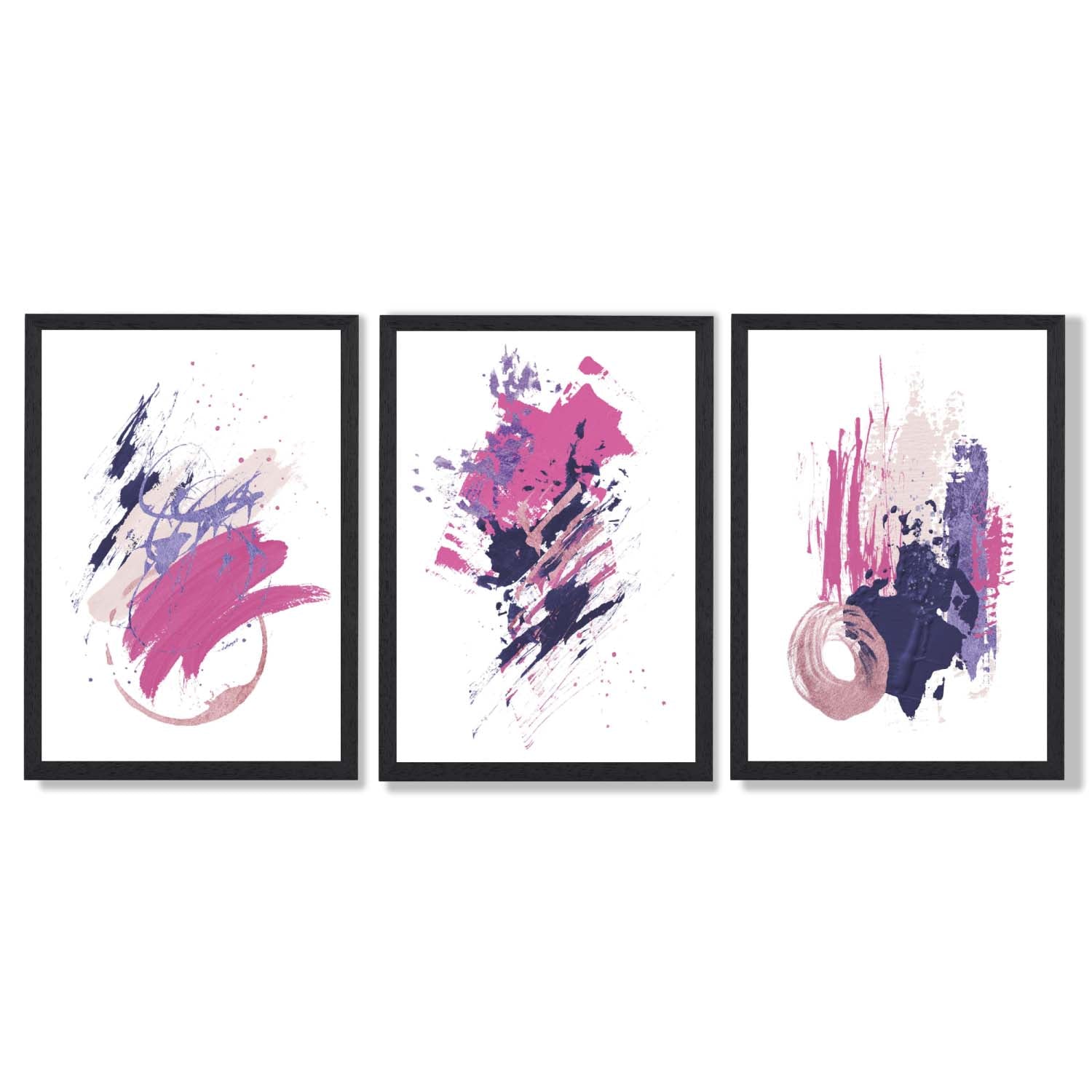 Pink and Purple Abstract Oil Shapes Set of 3 Framed Art Prints with Black Wooden Frames
