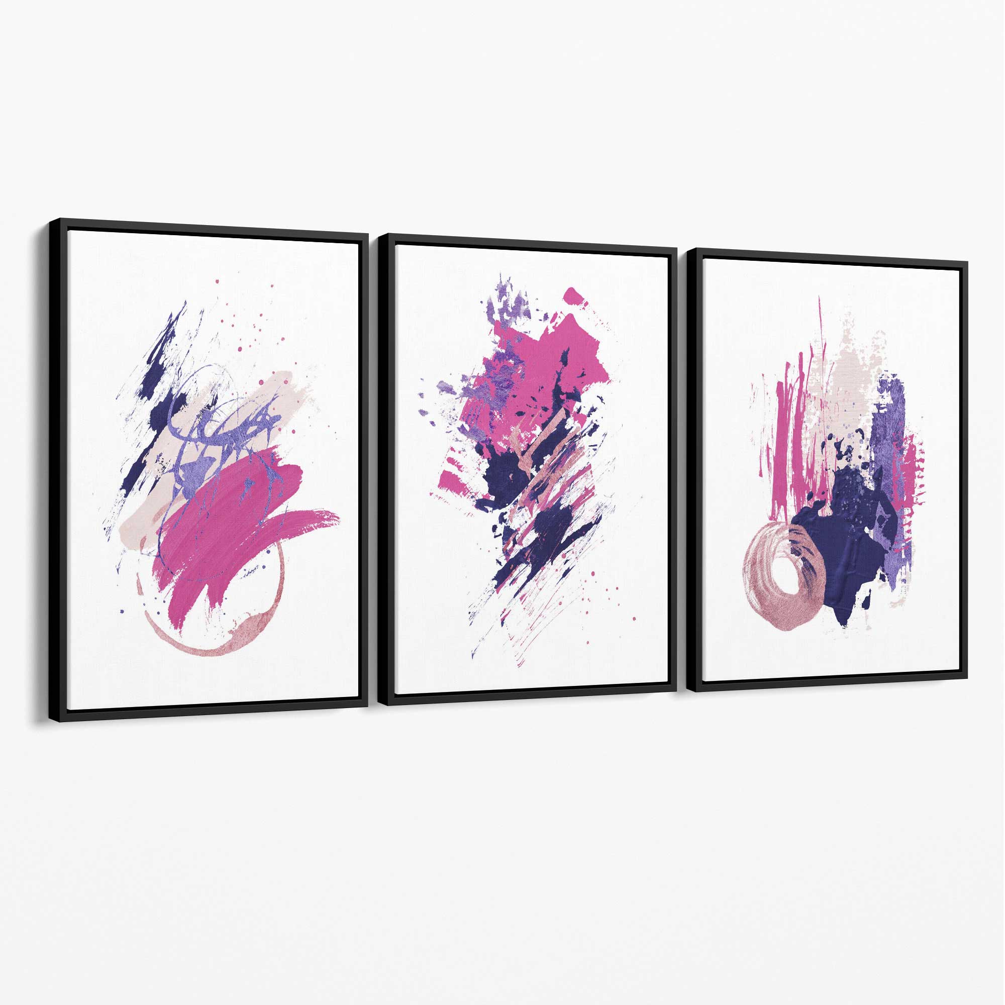 Pink and Purple Abstract Oil Shapes Set of 3 Canvas Art Prints with Black Float Frame