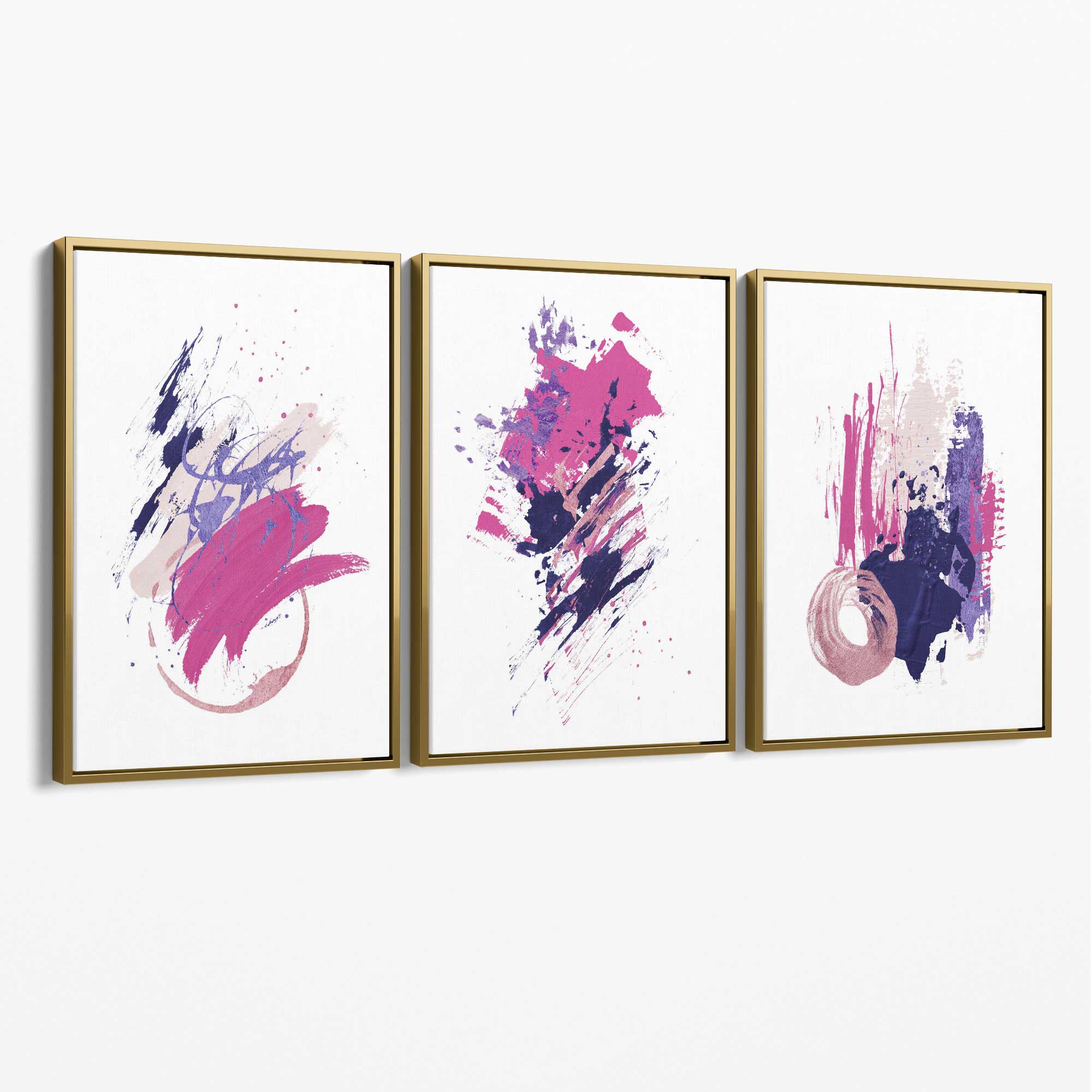 Pink and Purple Abstract Oil Shapes Set of 3 Canvas Art Prints with Gold Float Frame