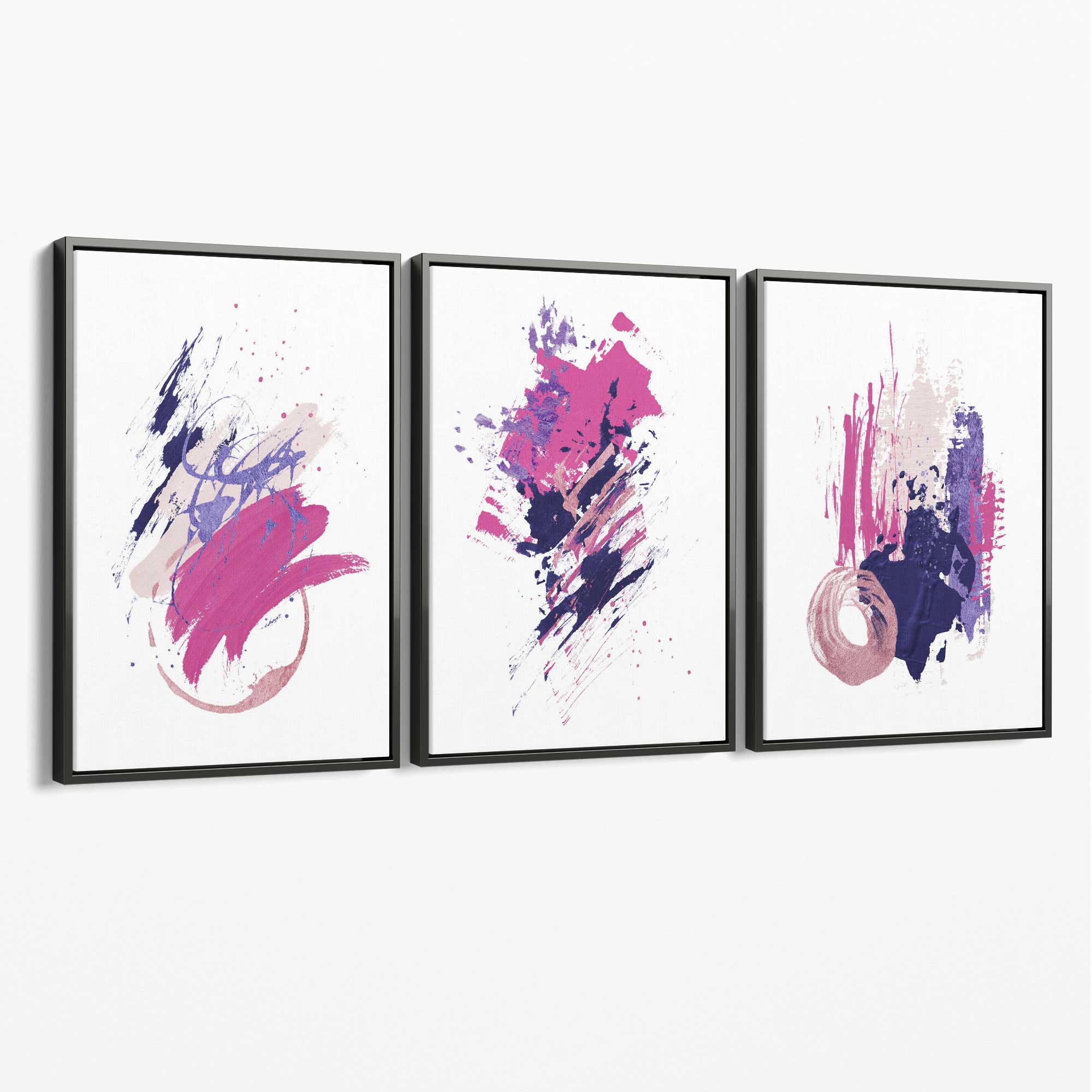 Pink and Purple Abstract Oil Shapes Set of 3 Canvas Art Prints with Grey Float Frame