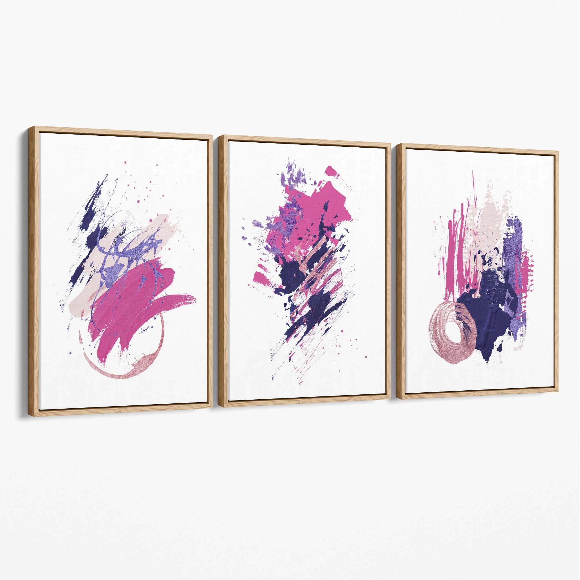 Pink and Purple Abstract Oil Shapes Set of 3 Canvas Art Prints with Oak Float Frame