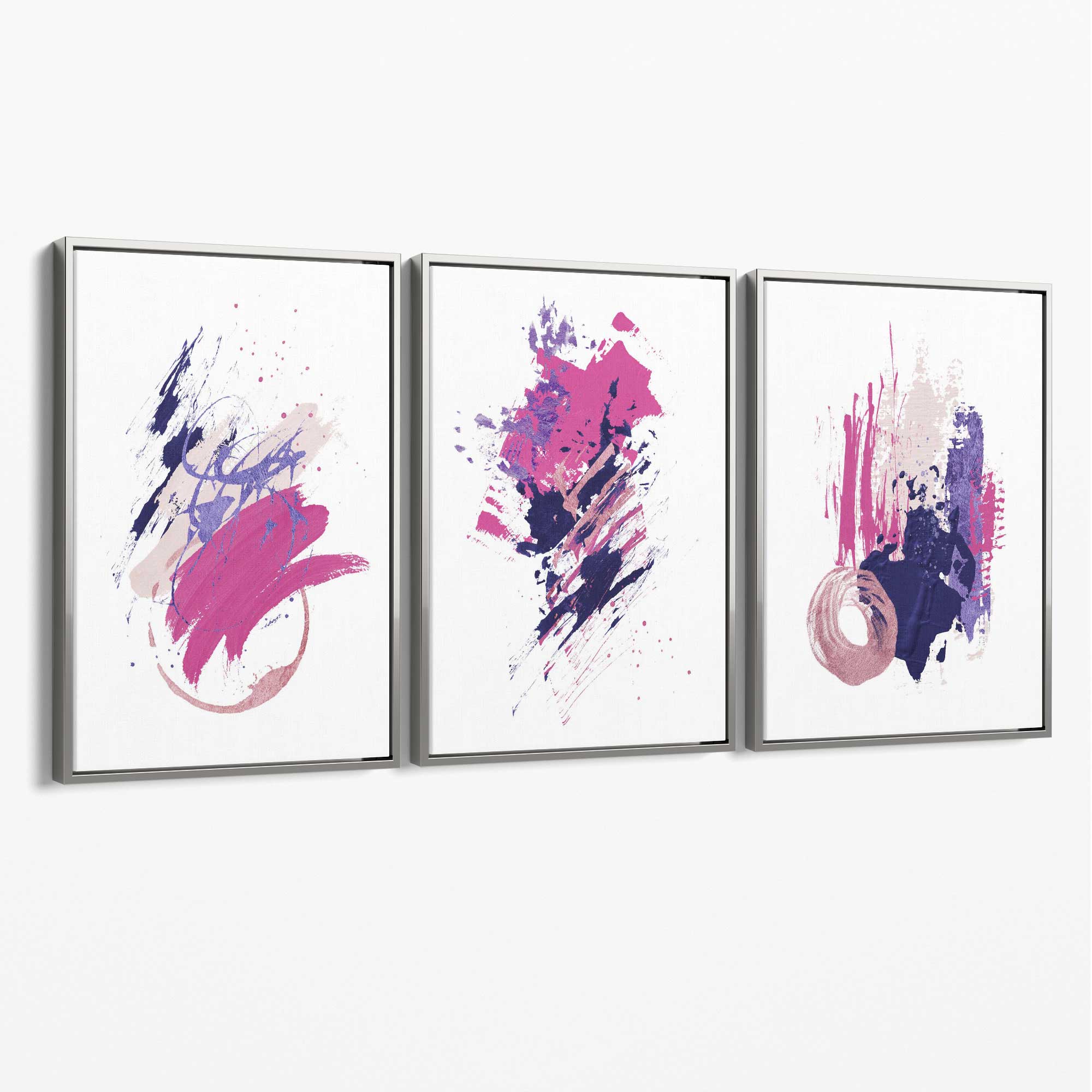 Pink and Purple Abstract Oil Shapes Set of 3 Canvas Art Prints with Silver Float Frame