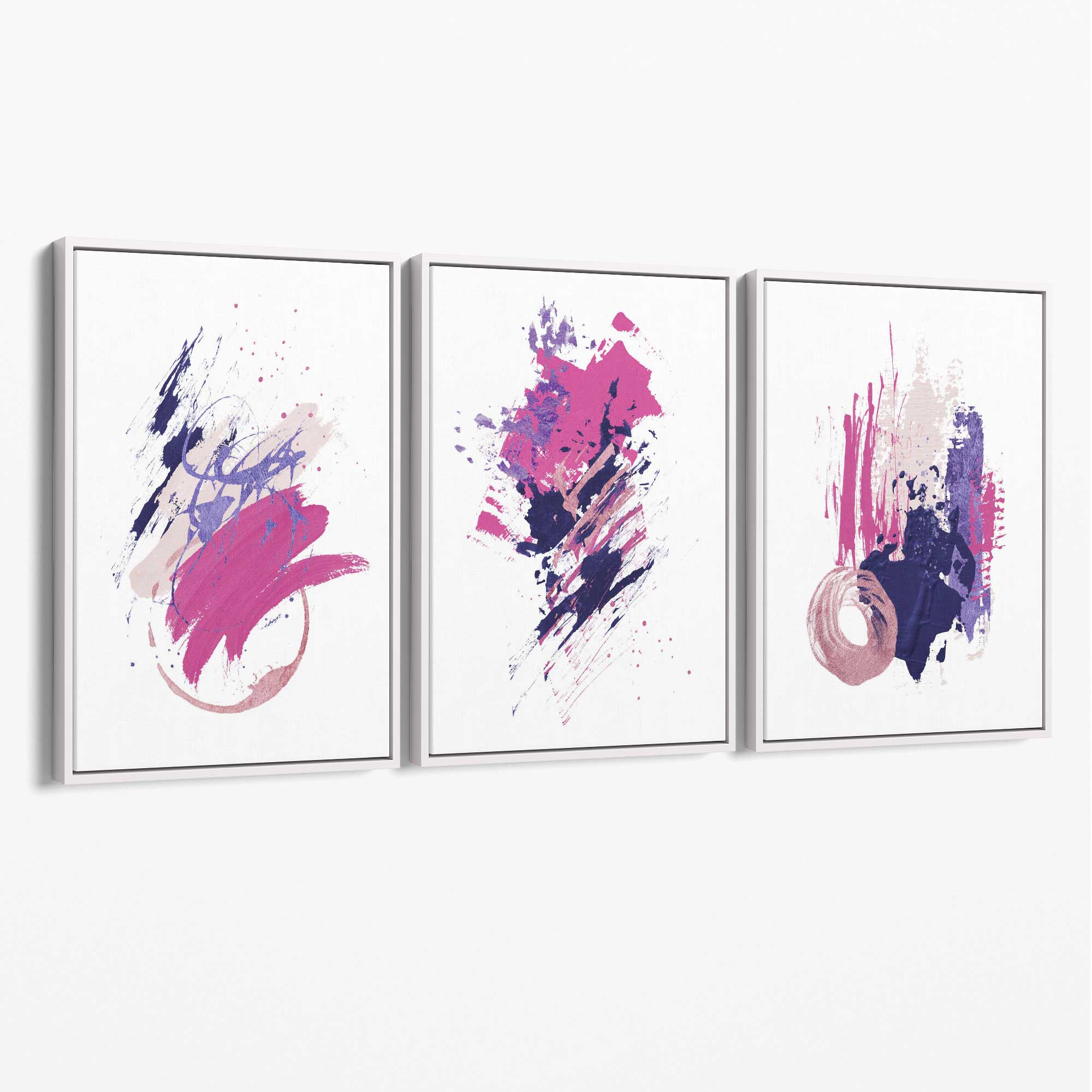 Pink and Purple Abstract Oil Shapes Set of 3 Canvas Art Prints with White Float Frame