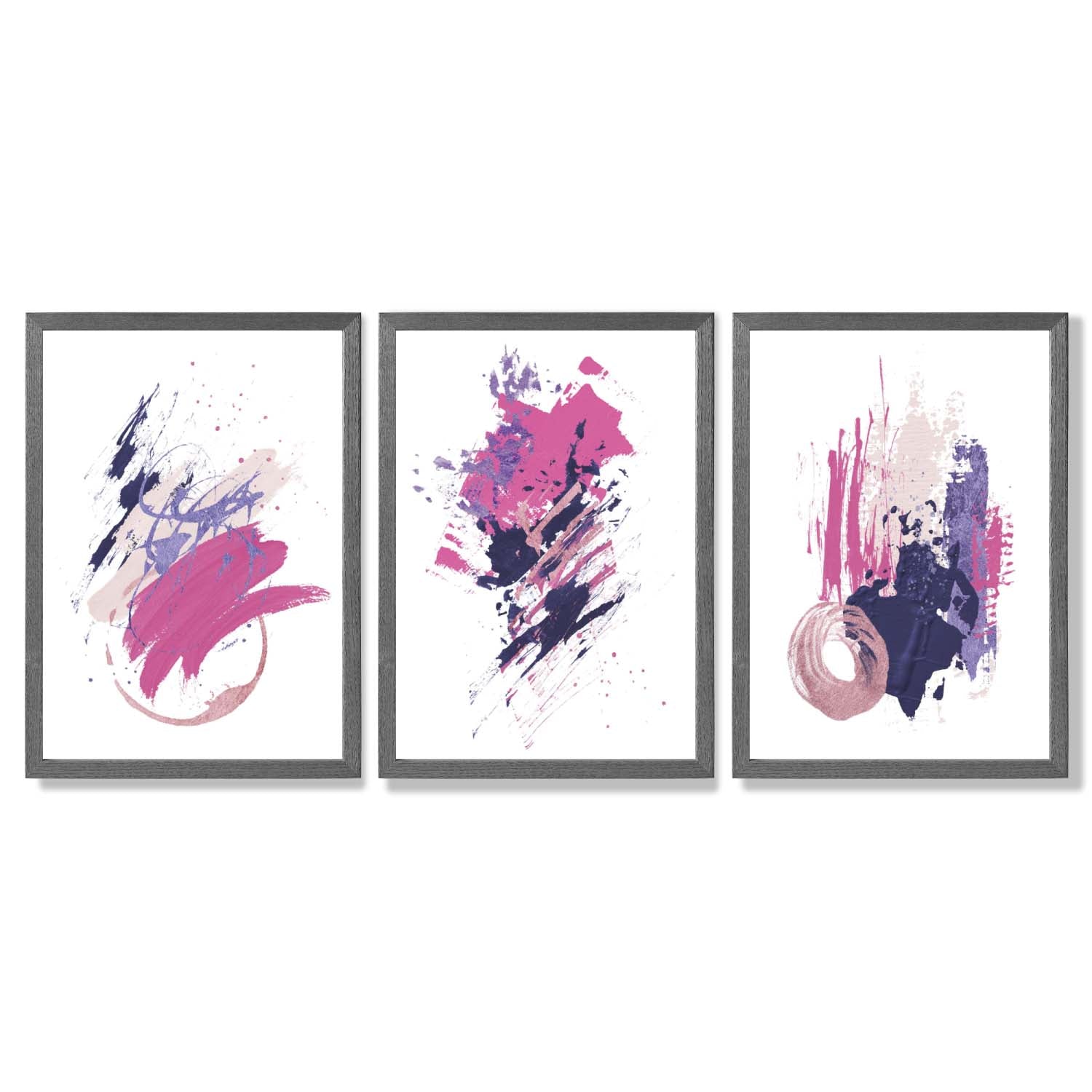 Pink and Purple Abstract Oil Shapes Set of 3 Framed Art Prints with Dark Grey Wooden Frames